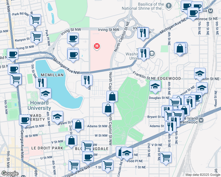 map of restaurants, bars, coffee shops, grocery stores, and more near 2700 North Capitol Street Northwest in Washington