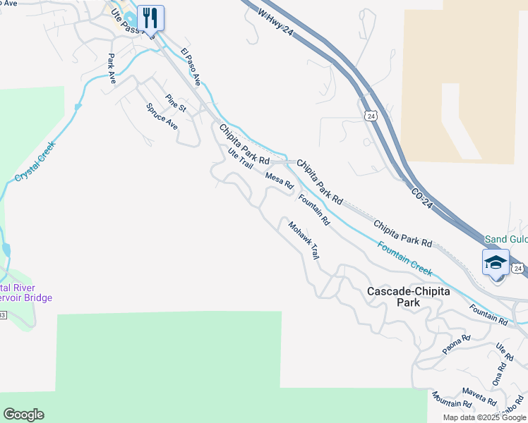 map of restaurants, bars, coffee shops, grocery stores, and more near 9810 Mesa Road in Cascade-Chipita Park