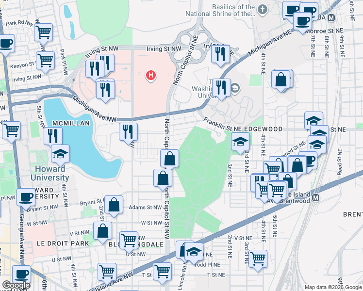 map of restaurants, bars, coffee shops, grocery stores, and more near 103 Evarts St NE in Washington