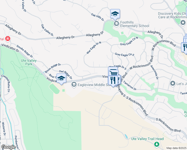 map of restaurants, bars, coffee shops, grocery stores, and more near 1165 Bison Ridge Drive in Colorado Springs