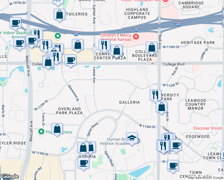 map of restaurants, bars, coffee shops, grocery stores, and more near 11401 Lamar Avenue in Leawood