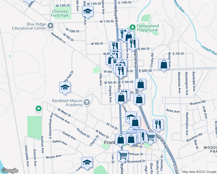 map of restaurants, bars, coffee shops, grocery stores, and more near 414 Virginia Avenue in Front Royal