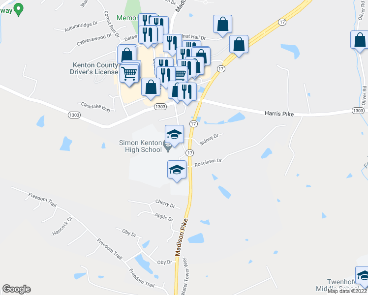 map of restaurants, bars, coffee shops, grocery stores, and more near Madison Pike in Independence