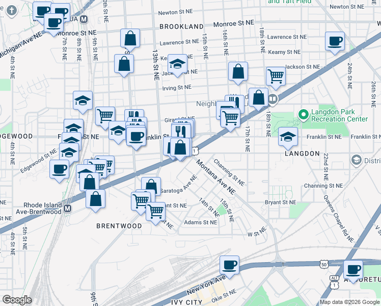 map of restaurants, bars, coffee shops, grocery stores, and more near Rhode Island Avenue Northeast & 14th Street Northeast in Washington