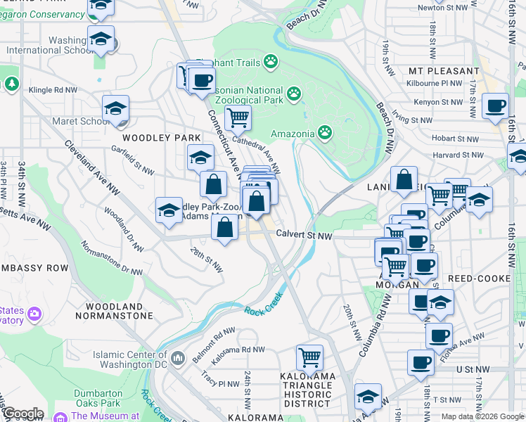 map of restaurants, bars, coffee shops, grocery stores, and more near 2631 Connecticut Avenue Northwest in Washington