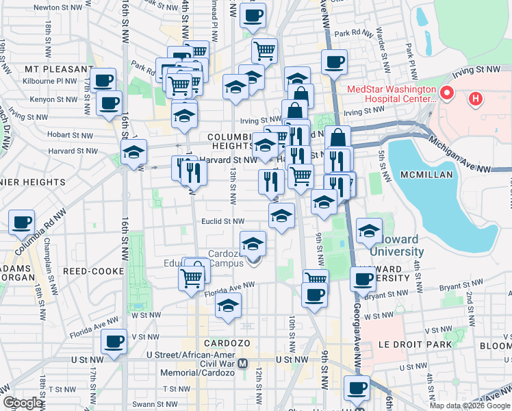 map of restaurants, bars, coffee shops, grocery stores, and more near 101 Independence Avenue Southeast in Washington