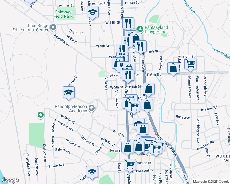 map of restaurants, bars, coffee shops, grocery stores, and more near 414 Virginia Avenue in Front Royal
