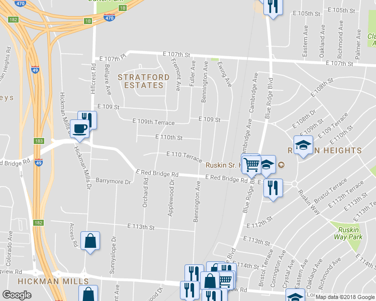 map of restaurants, bars, coffee shops, grocery stores, and more near 6500 East 110th Terrace in Kansas City