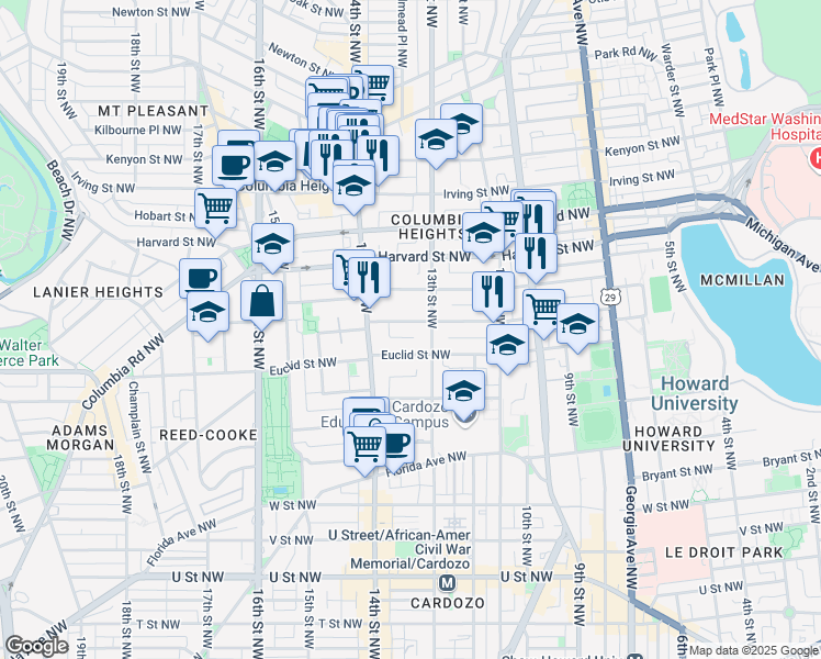 map of restaurants, bars, coffee shops, grocery stores, and more near 1320 Fairmont Street Northwest in Washington