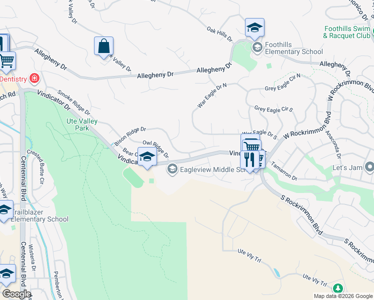 map of restaurants, bars, coffee shops, grocery stores, and more near 6615 Sky Hawk Court in Colorado Springs