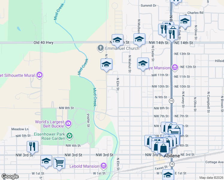 map of restaurants, bars, coffee shops, grocery stores, and more near 750-798 Northwest 10th Street in Abilene