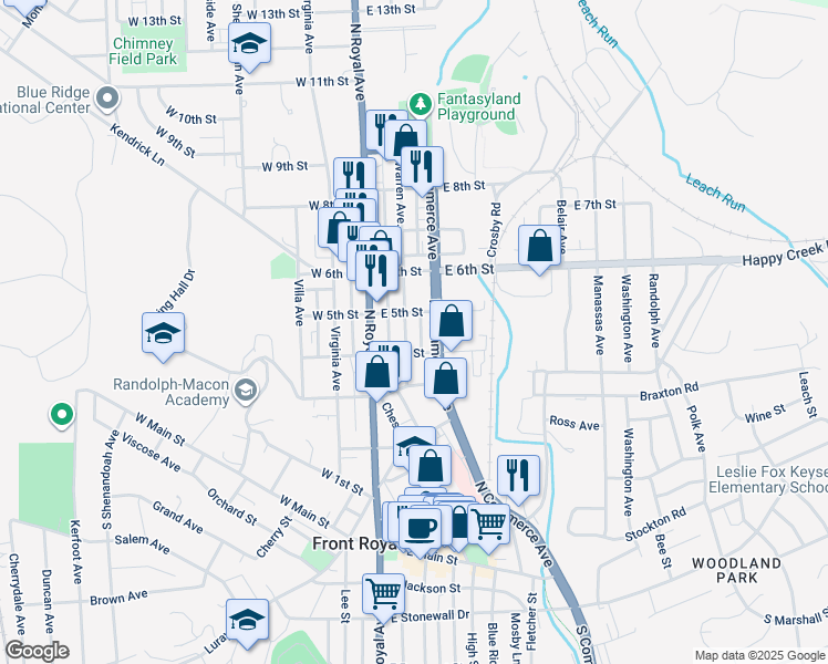 map of restaurants, bars, coffee shops, grocery stores, and more near 415 Warren Avenue in Front Royal