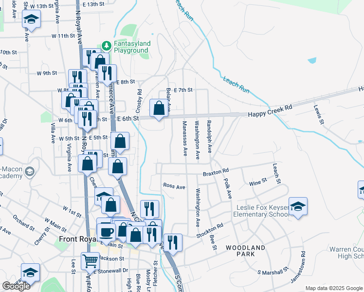 map of restaurants, bars, coffee shops, grocery stores, and more near 436 Manassas Avenue in Front Royal