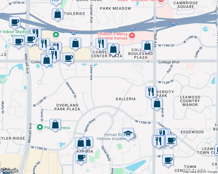map of restaurants, bars, coffee shops, grocery stores, and more near 11401 Lamar Avenue in Leawood