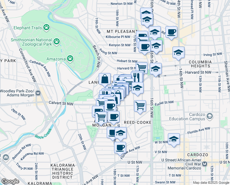 map of restaurants, bars, coffee shops, grocery stores, and more near 1746 Lanier Place Northwest in Washington