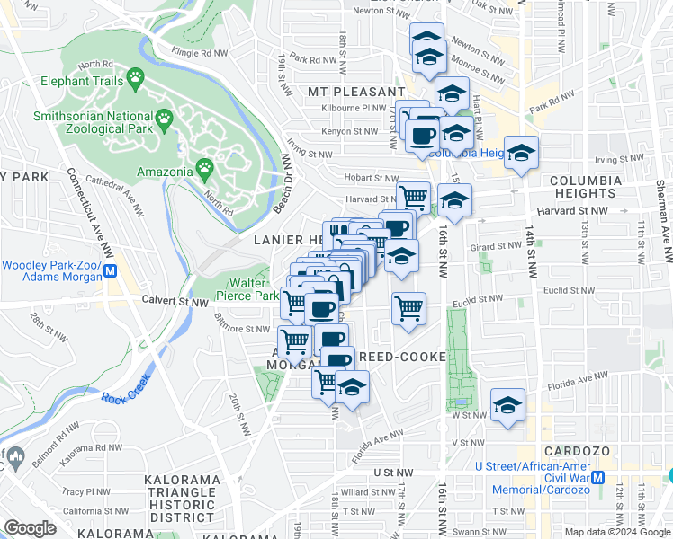 map of restaurants, bars, coffee shops, grocery stores, and more near 1746 Lanier Place Northwest in Washington