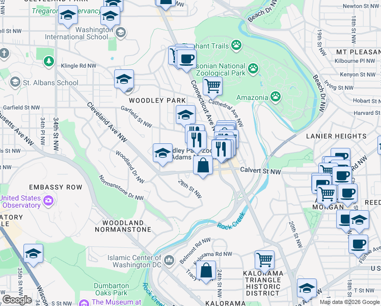 map of restaurants, bars, coffee shops, grocery stores, and more near 2650 Woodley Road Northwest in Washington