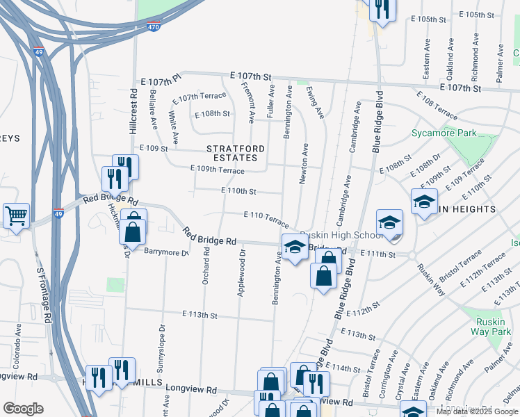 map of restaurants, bars, coffee shops, grocery stores, and more near 6501 East 110th Street in Kansas City