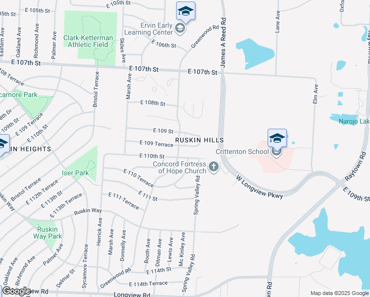 map of restaurants, bars, coffee shops, grocery stores, and more near 8658 East 109 Terrace in Kansas City