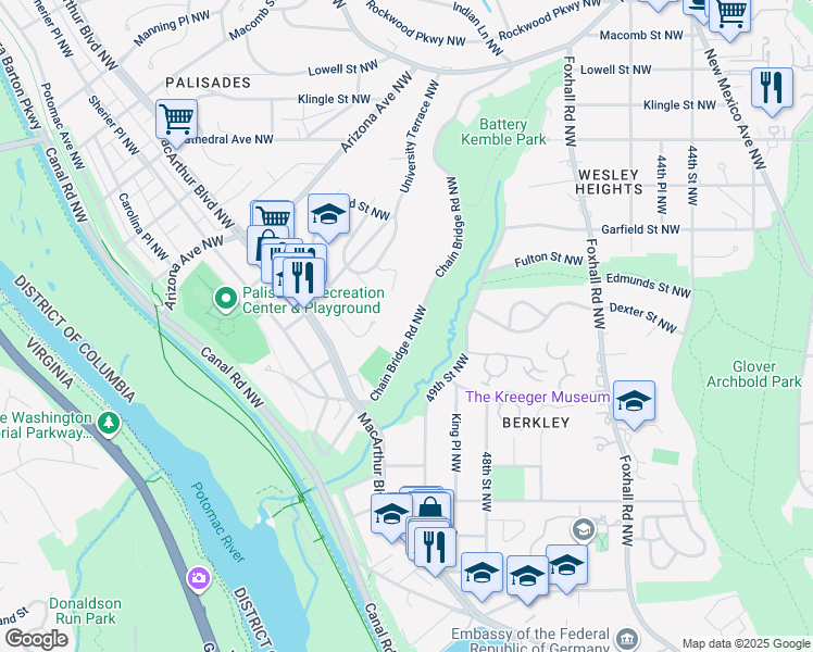 map of restaurants, bars, coffee shops, grocery stores, and more near 2666 Chain Bridge Road Northwest in Washington