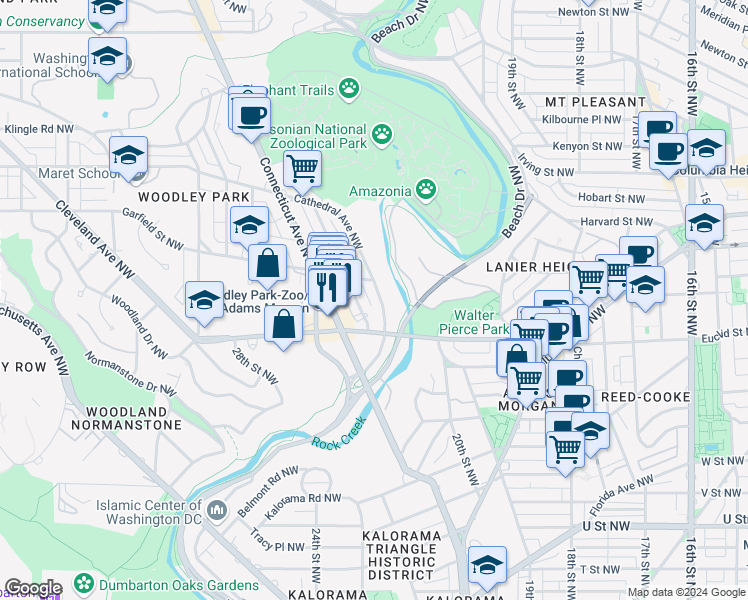 map of restaurants, bars, coffee shops, grocery stores, and more near 2132 Cathedral Avenue Northwest in Washington