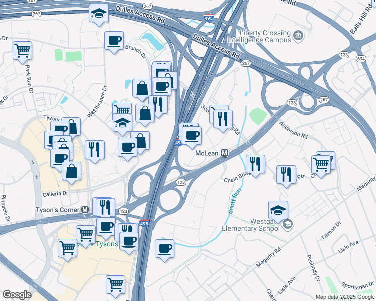 map of restaurants, bars, coffee shops, grocery stores, and more near 1680 Capital One Tower Drive in Tysons