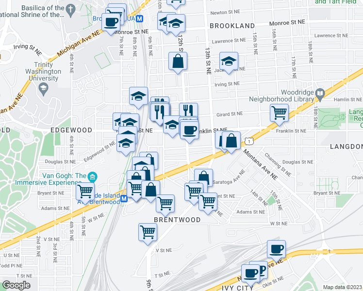map of restaurants, bars, coffee shops, grocery stores, and more near 101 Independence Avenue Southeast in Washington
