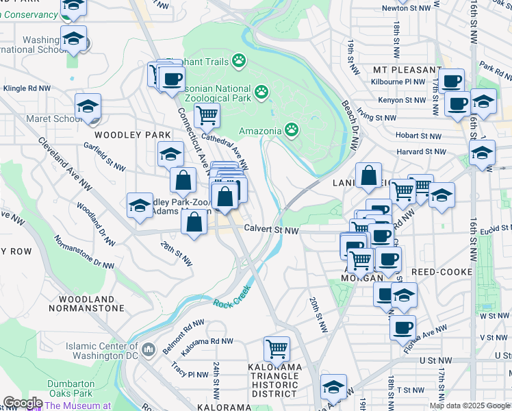map of restaurants, bars, coffee shops, grocery stores, and more near 2132 Cathedral Avenue Northwest in Washington