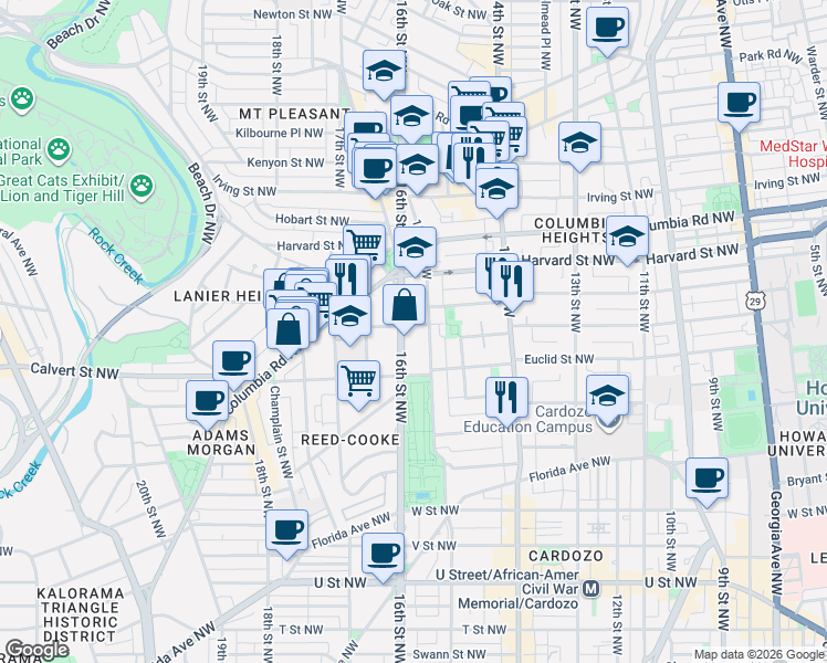 map of restaurants, bars, coffee shops, grocery stores, and more near 2651 16th Street Northwest in Washington
