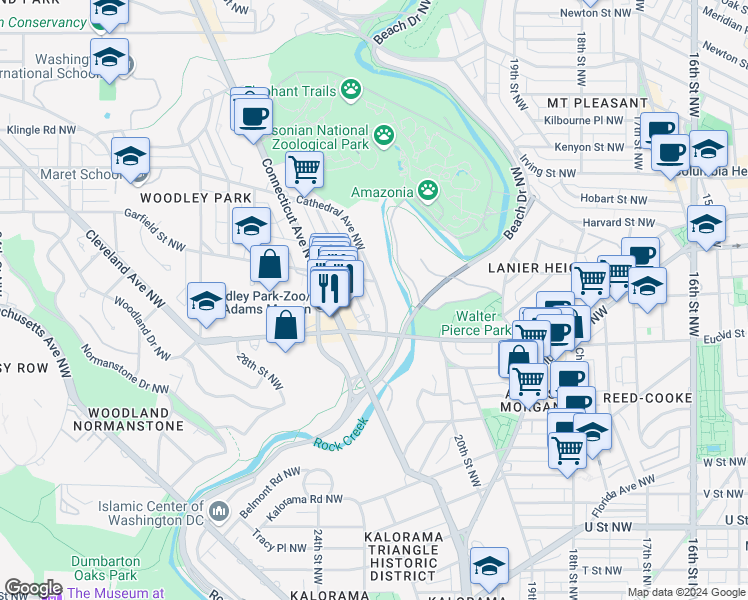 map of restaurants, bars, coffee shops, grocery stores, and more near 2134 Cathedral Avenue Northwest in Washington