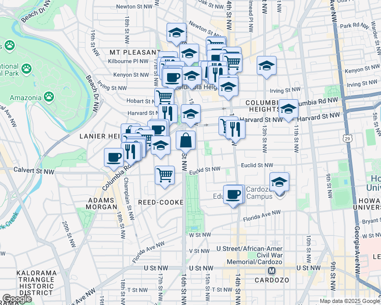 map of restaurants, bars, coffee shops, grocery stores, and more near 2651 16th Street Northwest in Washington