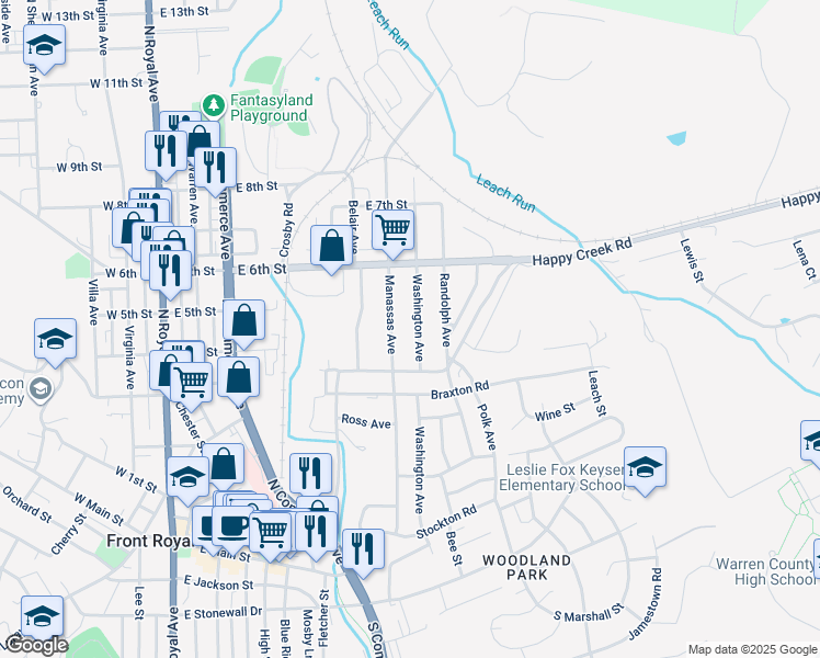 map of restaurants, bars, coffee shops, grocery stores, and more near 436 Washington Avenue in Front Royal