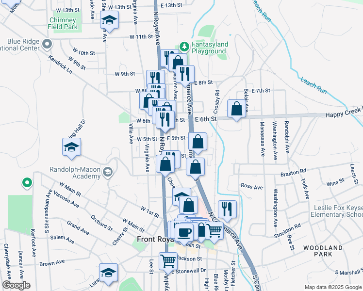 map of restaurants, bars, coffee shops, grocery stores, and more near 415 Warren Avenue in Front Royal