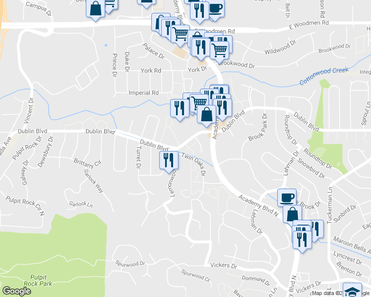 map of restaurants, bars, coffee shops, grocery stores, and more near 6405 Dublin Boulevard in Colorado Springs
