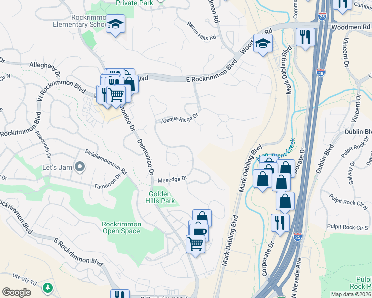 map of restaurants, bars, coffee shops, grocery stores, and more near 6445 Mesedge Drive in Colorado Springs