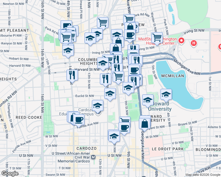 map of restaurants, bars, coffee shops, grocery stores, and more near 1030 Fairmont Street Northwest in Washington
