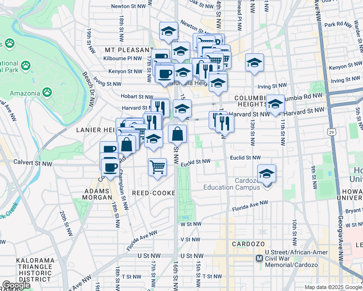 map of restaurants, bars, coffee shops, grocery stores, and more near 2651 16th Street Northwest in Washington