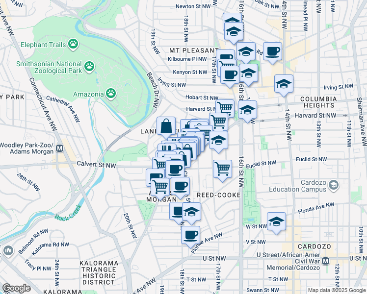 map of restaurants, bars, coffee shops, grocery stores, and more near 1744 Lanier Place Northwest in Washington