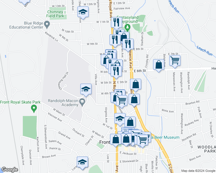 map of restaurants, bars, coffee shops, grocery stores, and more near 427 Virginia Avenue in Front Royal