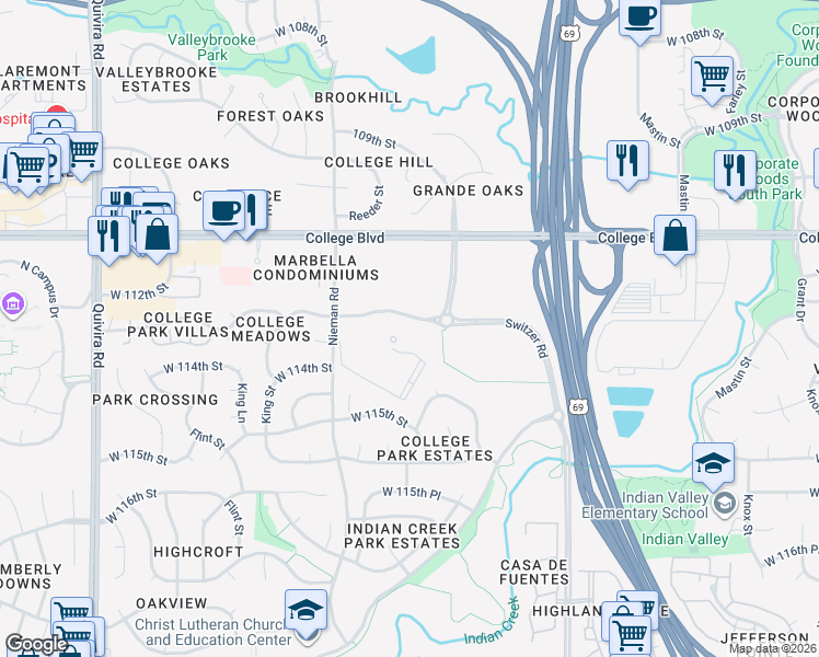 map of restaurants, bars, coffee shops, grocery stores, and more near 10501 113th Street in Overland Park