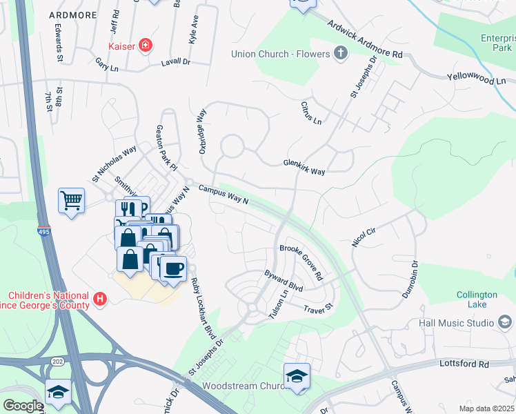 map of restaurants, bars, coffee shops, grocery stores, and more near 2542 Campus Way North in Bowie