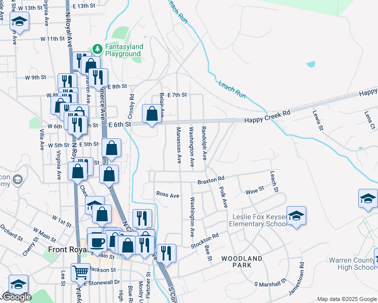 map of restaurants, bars, coffee shops, grocery stores, and more near 436 Washington Avenue in Front Royal