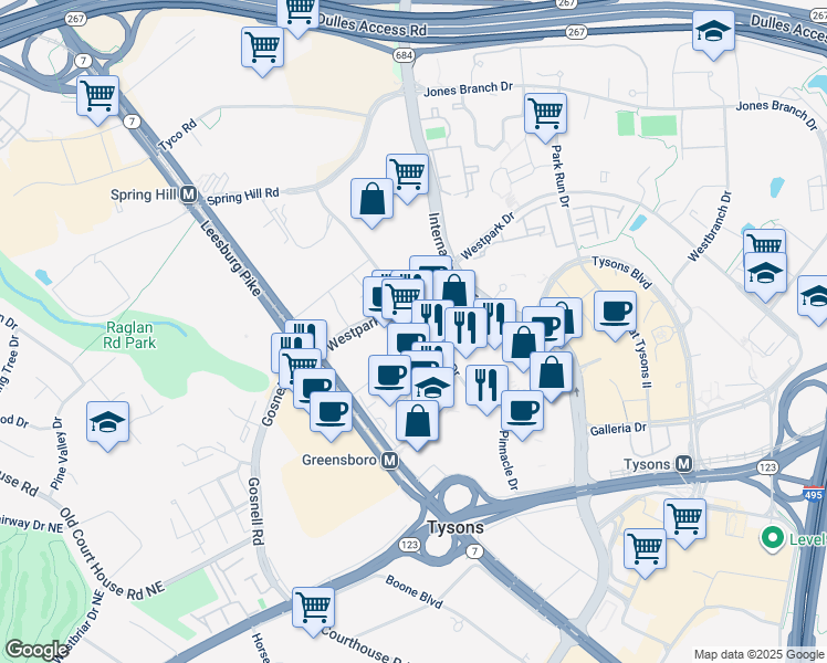 map of restaurants, bars, coffee shops, grocery stores, and more near 1650 Silver Hill Drive in Tysons