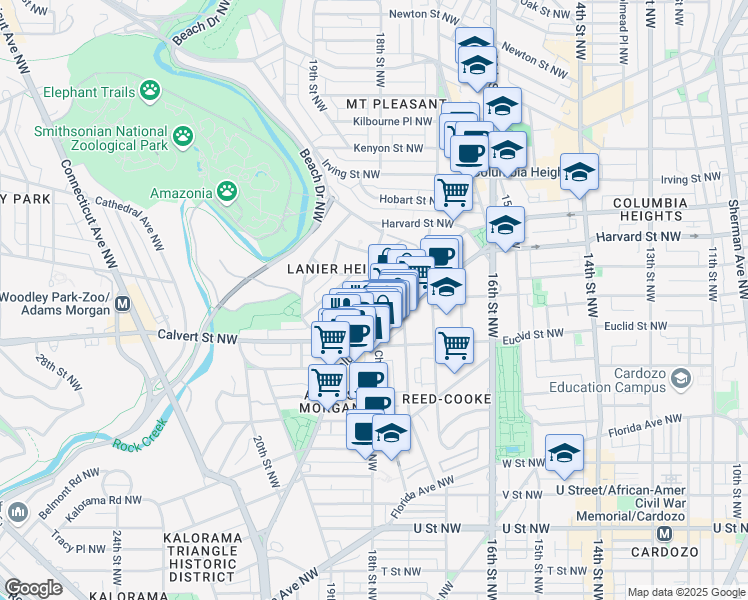 map of restaurants, bars, coffee shops, grocery stores, and more near 1744 Lanier Place Northwest in Washington