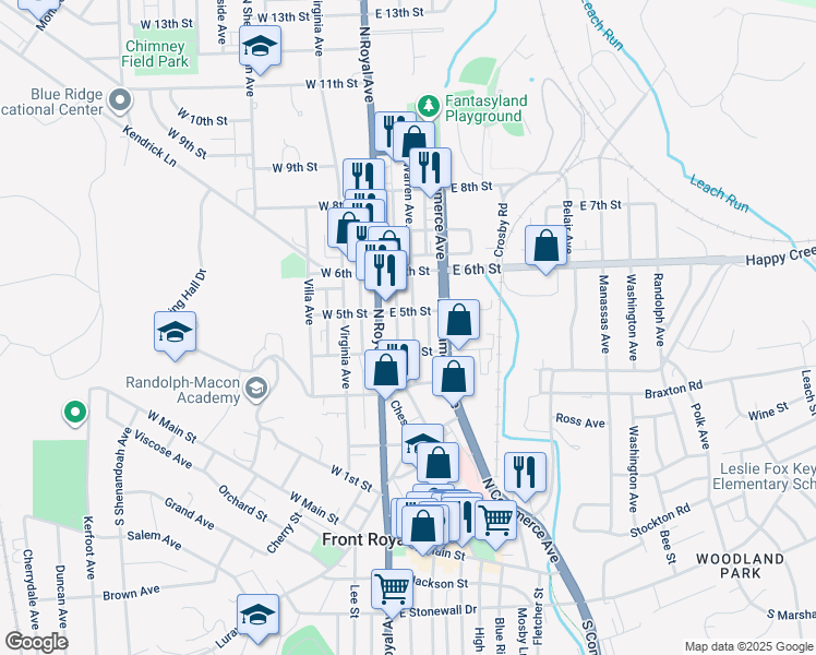 map of restaurants, bars, coffee shops, grocery stores, and more near 412 Warren Avenue in Front Royal