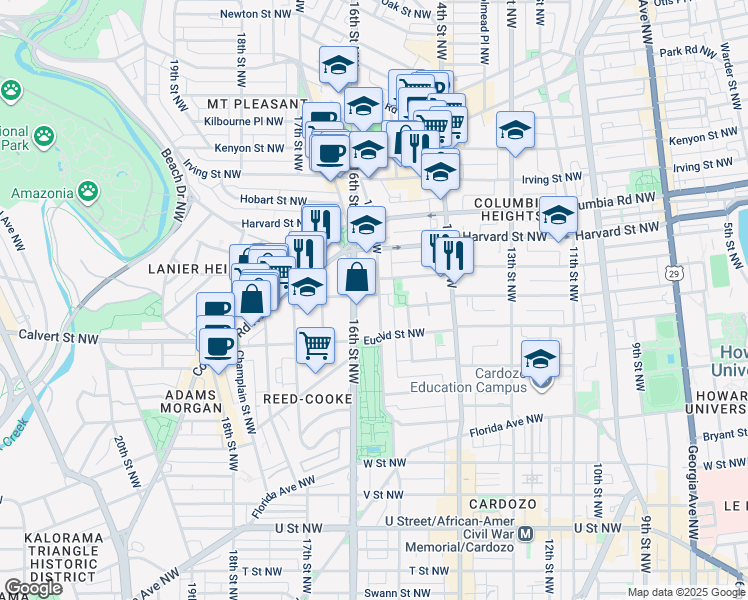 map of restaurants, bars, coffee shops, grocery stores, and more near 2656 15th Street Northwest in Washington