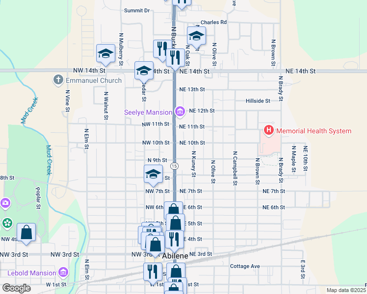 map of restaurants, bars, coffee shops, grocery stores, and more near 105 Northeast 10th Street in Abilene