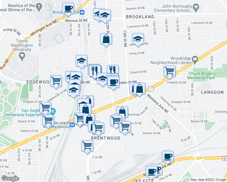 map of restaurants, bars, coffee shops, grocery stores, and more near 2703 12th Street Northeast in Washington