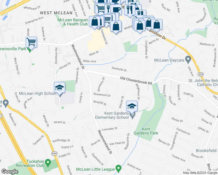 map of restaurants, bars, coffee shops, grocery stores, and more near 1611 Rosemont Court in McLean
