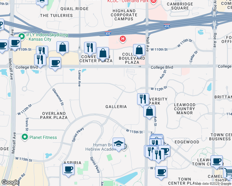 map of restaurants, bars, coffee shops, grocery stores, and more near 11200 Outlook Street in Leawood